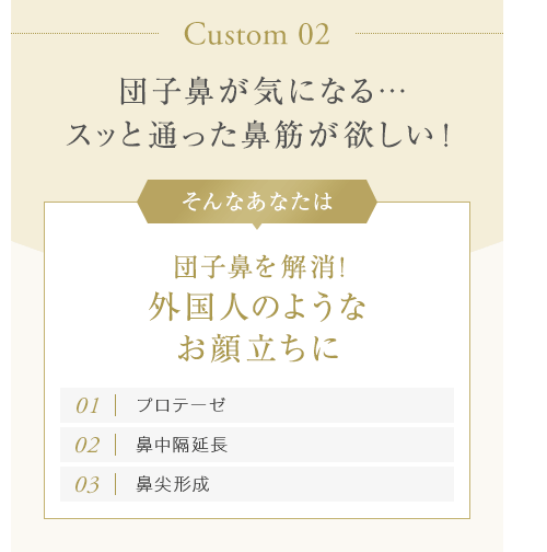 【Custom 02：団子鼻が気になる…スッと通った鼻筋が欲しい！】そんなあなたは団子鼻を解消！外国人のようなお顔立ちに[01.プロテーゼ][02.鼻中隔延長][03.鼻尖形成 ]