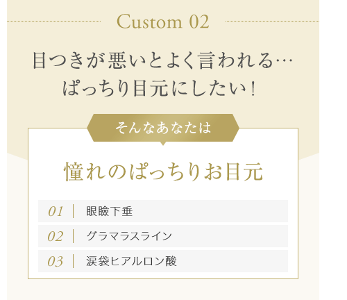 【Custom 02：目つきが悪いとよく言われる…ぱっちり目元にしたい！】そんなあなたは憧れのぱっちりお目元[01.眼瞼下垂][02.グラマラスライン][03.涙袋ヒアルロン酸]