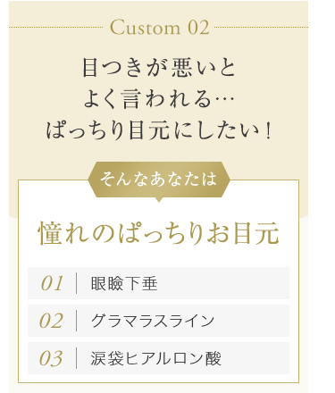 【Custom 02：目つきが悪いとよく言われる…ぱっちり目元にしたい！】そんなあなたは憧れのぱっちりお目元[01.眼瞼下垂][02.グラマラスライン][03.涙袋ヒアルロン酸]